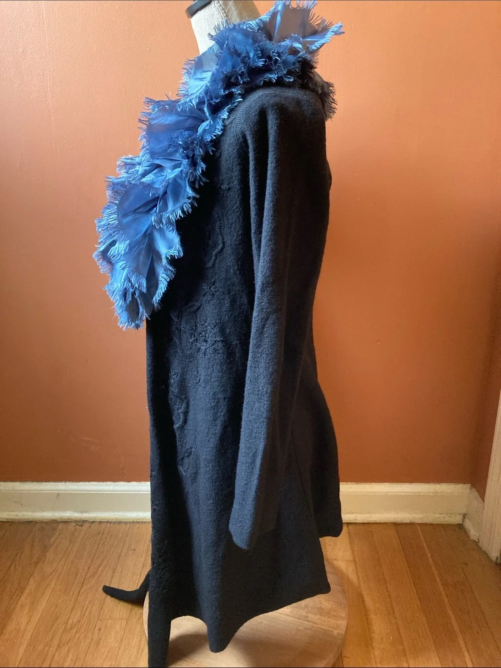 Peoria Emporium Black Wool Cardigan with Dusty Blue Ruffles